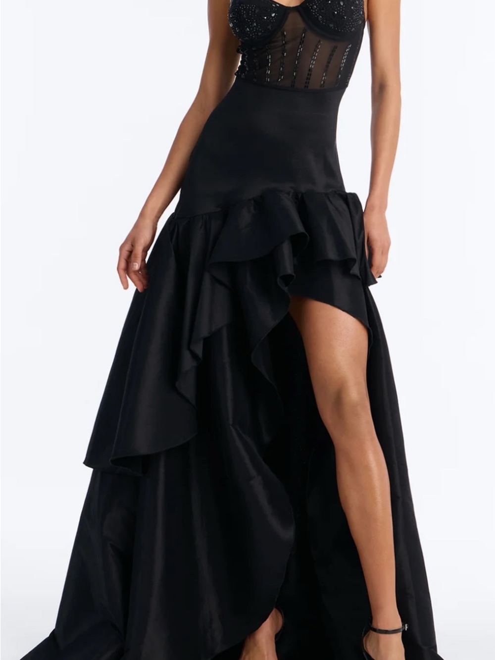 SOLD. Elegant Black High-Slit Ruffle Maxi Skirt